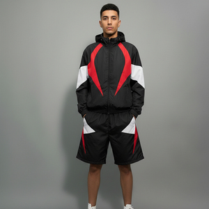 Conjunto Deportivo Informal Transpirable con Capucha para Hombre AFSAR SPORTS, Negro, Rojo y Blanco, Chaqueta y Pantalones Cortos de Poliéster de Secado Rápido - Product Image 1