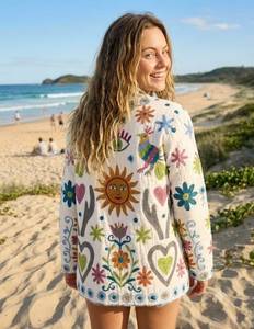 Chaqueta de Playa Tejida con Cuello Mandarín y Bordado Floral, Cárdigan para Mujer, Manga Larga, Estilo Boho, Ropa de Abrigo de Invierno para Vacaciones y Viajes - Product Image 5