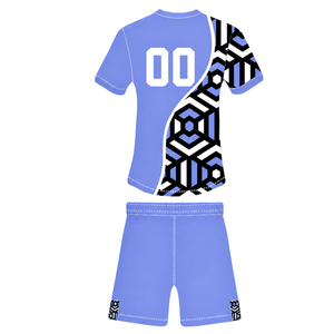 Ensemble short et maillot de rugby géométrique bleu périvinyle, noir et blanc, à manches courtes, col rond, personnalisable, respirant, pour entraînement et équipe sportive - Product Image 2
