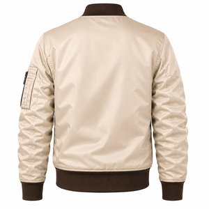 Men's Beige Bomber Jacket Solid Color <b>Covered</b> <b>Button</b> Closure Contrast Ribbed Collar Sleeve Casual Outerwear Winter Front - Product Image 2