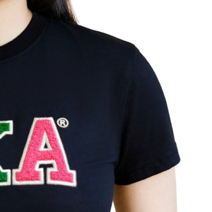 T-shirt en chenille noir, rose et vert pour femme, col rond en coton, imprimé graphique, vêtement décontracté brodé, haut tendance - Product Image 2