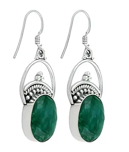 Boucles d'oreilles ovales en argent véritable avec émeraude verte et quartz, serties clos, bijoux pour femmes - Product Image 2