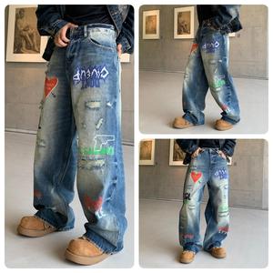 American High Street Digital Printed <b>Jeans</b> High Quality Relaxed Fit Hip Hop Wide Leg Straight Leg Casual Pants - Product Image 5