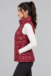 Chaleco Acolchado Estampado de Invierno para Mujer, Ligero, Sin Mangas, Color Rojo Vino, Cuello Alto, Chaqueta Acolchada Sin Mangas - Product Image 6