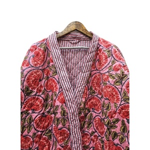 Bohemian Women's Red Floral Quilted <b>Kimono</b> Robe Handmade Organic Cotton Bathrobe Durable Comfortable V-neck Pockets Midi Length - Product Image 5