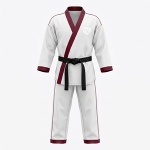 Uniforme de Taekwondo Blanco Unisex con Ribete Borgoña y Cinturón Negro, Ropa Duradera de Artes Marciales para Entrenamiento - Product Image 1