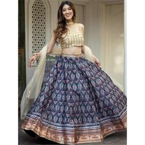 Increíble azul marino Digital impreso arte seda Sangeet Wear Lehenga Choli - Product Image 6
