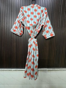 Robe rayée à imprimé soleil pour femmes, manches trois quarts, longueur genou, col en V, fermeture à cordon, douce, 100% coton, tenue d'été décontractée - Product Image 6