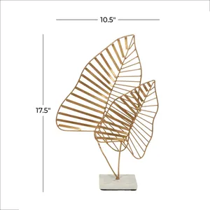 Sculpture moderne en métal doré à trois feuilles, 17 pouces, décoration de table botanique sur base en marbre pour salon et bureau - Product Image 3