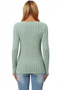 Pull en tricot côtelé vert sauge à col en V pour femme, manches longues, rayé - Product Image 5