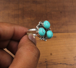 Wholesale Shree Jaipur Silver SJSM-4400 Natural <b>Turquoise</b> 3-Stone Cluster Bezel Set Sterling Silver Classic Unisex Gemstone <b>Ring</b> - Product Image 4
