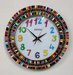 Handmade Colorful Pencil Wall <b>Clock</b> Needle Silent Sweep Quartz Movement Wood Frame 14x14" <b>Art</b> Deco Design for Living Room - Product Image 4