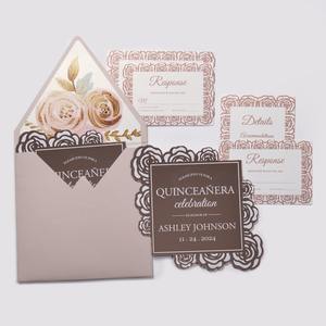 Conjunto de Invitaciones Personalizadas para Quinceañera, Tarjeta Acrílica con Espejo y Rosas Cortadas con Láser, Sobre con Forro Floral, Tarjetas RSVP y de Detalles - Product Image 3