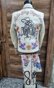 Men's Vintage Floral Embroidered <b>Blazer</b> Suit <b>Set</b>, Artistic Flower & Skeleton Embroidery Jacket with Matching Trousers, Suit - Product Image 4