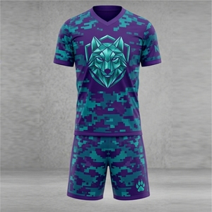 Men's Soccer Jersey Set Purple Teal Camouflage Wolf Print Sublimated Quick Dry V-Neck Short Sleeve <b>Athletic</b> Fit All Seasons - Product Image 1