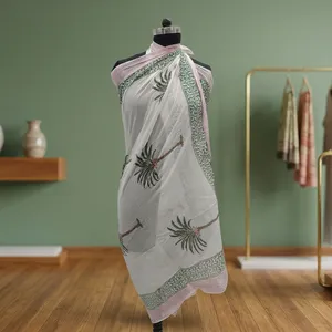 White Hand Block Printed Cotton Sarong with Green Palm Tree Motifs Lightweight Indian <b>Beach</b> <b>Wrap</b> Pareo for Women - Product Image 3