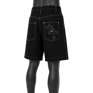 Custom <b>Black</b> Denim Jorts <b>Men</b> Baggy Gothic Streetwear Graphic Jean <b>Shorts</b> OEM ODM Private Label Wholesale - Product Image 4