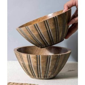 Tazón para servir ensalada de madera de mango ecológico con incrustaciones de esmalte y estampado de hojas |   Frutero Decorativo Redondo de Madera para Decoración de Cocina - Product Image 6