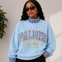 Sweat-shirt surdimensionné pour femme à col montant, personnalisé avec applique lettre PALMER en gingham, texte brodé Run Club, style preppy universitaire