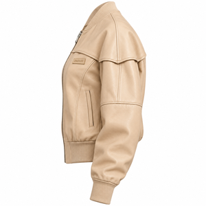 Blouson Bomber en Cuir de Mouton Crème Beige pour Femme avec Poignets Côtelés et Col Rabattu – Vêtement d'extérieur Décontracté OEM pour Dames – Vente en Gros - Product Image 4