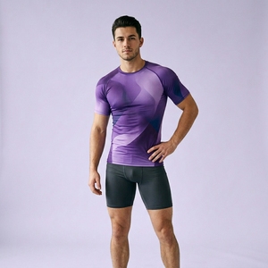 T-shirt de compression pour homme à motif géométrique violet, manches courtes, col rond, séchage rapide, coupe sportive, haut d'entraînement athlétique - Product Image 1