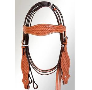 Cabezada, pechopetral y riendas de cuero tópico estilo western con diadema de tejido de cesta grabado a mano, fabricante indio - Product Image 1