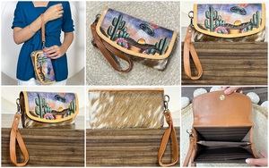 2026 New Handmade Boutique Long Cowhide Leather Clutch Wallet Hand Painted Desert UFO <b>Wristlet</b> Purse for Women Fashion Purses - Product Image 3