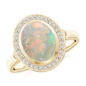 14K Solid <b>Gold</b> 14K Solid <b>Gold</b> Bezel-Set Oval London <b>Opal</b> <b>Ring</b> with Diamond Halo Handmade Customized Fine Jewelry Wedding - Product Image 1