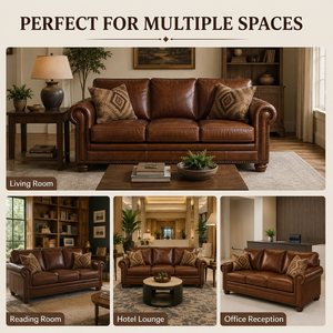 Traditional Style Real Leather 3 Seater <b>Sofa</b> with Solid Wood Frame Rolled Arm and Nailhead Detail for Living Room Hotel Use - Product Image 6