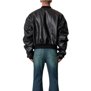 Blouson Bomber Homme Noir en Cuir Véritable Surdimensionné, Épaules Tombantes, Col, Poignets et Ourlet Côtelés, Fermeture Éclair Avant, Vêtement d'Extérieur Tendance Premium OEM - Product Image 2