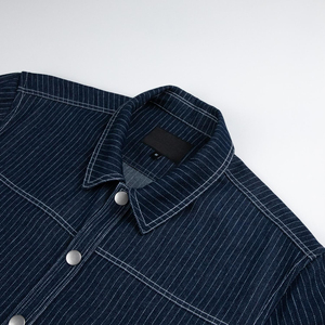 Men's Striped Denim Shirt Short Sleeve Turn-<b>down</b> Collar Loose Fit Utility Style 100% Cotton Woven Fabric Topstitch Pockets - Product Image 3