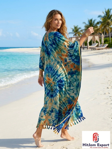 Vestido Kaftán Boho Tie Dye Personalizado para Mujer, Manga Murciélago, Largo hasta el Tobillo, Traje de Playa, Ropa de Verano para Resort, Fabricante OEM ODM - Product Image 4