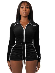 Women Flocking Side Stripe Lapel Zipper Jacket+Drawstring Shorts Matching Simple Outfits Sporty Tracksuits 2-Piece Set <b>Velvet</b> - Product Image 1