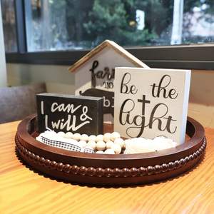 Plateau de service décoratif en bois haut de gamme avec perles, plateau ottoman rond vintage en bois pour centre de table, organisateur de comptoir, plateau circulaire - Product Image 3