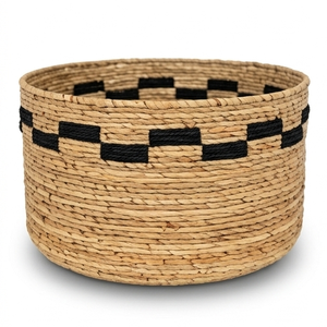 Handcrafted Natural Seagrass Woven <b>Storage</b> Basket Black Checkered Round Decorative Organizer <b>Bin</b> For Boho Home Decor - Product Image 1
