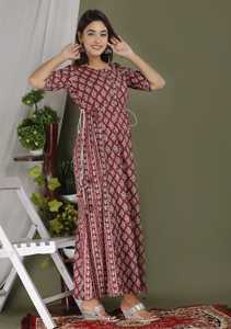 Vestido largo de algodón con estampado batik color granate para mujer, vestido étnico informal, vestido maxi acampanado para uso diario. - Product Image 5