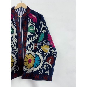 Blue Velvet Jacket <b>Coat</b> Uzbek Embroidery Jacket With Inside Cotton Lining Boho Chic Jacket Women's Casual Jacket - Product Image 2