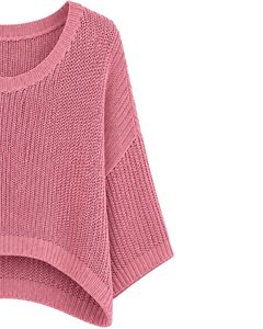 Suéter corto de punto oversize rosa para mujer, holgado, con diseño calado, estilo casual, manga ancha, top de moda. - Product Image 3