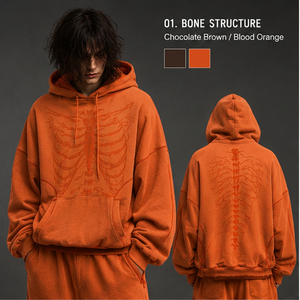 Sudadera con Capucha Extra Grande para Hombre, Color Marrón Chocolate, Estampado de Esqueleto Naranja Sangre, Ropa Urbana de Algodón French Terry para Otoño - Product Image 2