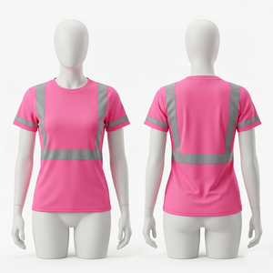T-shirt de travail pour femme 180 GSM en polyester interlock premium, panneaux réfléchissants roses sur la poitrine et la taille, logo personnalisé par sublimation - Product Image 3