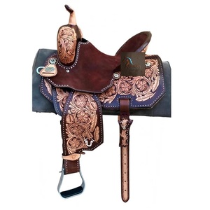 Silla de montar western de cuero marrón con diseño floral tallado a mano, asiento rígido, conchos florales y juego de arreos, de 10 a 18 pulgadas - Product Image 1