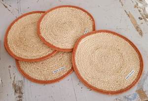 Premium jute round <b>placemat</b> Orange bordered and handcrafted by artisans Sustainable natural fiber table mat bringing warmth - Product Image 2