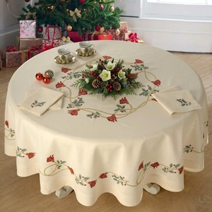 Luxury Embroidered Pine & Berry <b>Round</b> <b>Linen</b> <b>Tablecloth</b> Washable Reusable Festive Table Cover for Christmas Holiday Party Dinner - Product Image 1