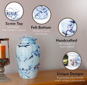 Urne funéraire en céramique blanche avec motif marbré bleu et motif oiseau, souvenir commémoratif pour adulte, pour cendres sacrées des défunts - Product Image 2