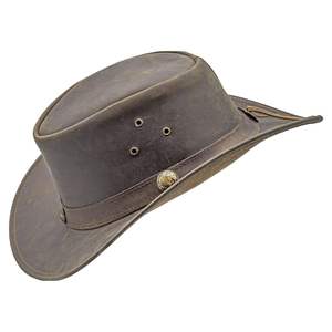 Chapeau de cowboy en cuir vieilli style rustique, type Outback, avec sangle de menton et bande ornée de conchos - Product Image 5