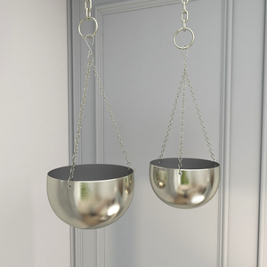 Pots de fleurs suspendus en métal argenté avec chaînes |   Bols à fleurs suspendus en acier inoxydable moderne pour la décoration intérieure et extérieure - Product Image 6