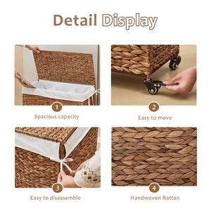 Cesto para Ropa Sucia de 160L, 3 Secciones, Tejido con Jacinto de Agua Natural, con Tapa y Ruedas, Diseño con Ruedas para Mayor Comodidad - Product Image 4