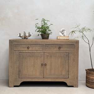 Small Antique Elm <b>Cupboard</b> Hermione Rustic Solid Wood Two Drawer Two Door Sideboard Vintage Buffet Living Room Storage Furniture - Product Image 1
