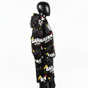 Ensemble sweat-shirt et short en molleton de coton doux 300 GSM pour femme, noir, imprimé graphique multicolore, logo personnalisé par sublimation. - Product Image 3