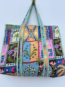 Sac fourre-tout en coton multicolore de qualité supérieure avec imprimé tropical, style bohème, sac à main décontracté d'été avec fermeture éclair pour le shopping et les voyages - Product Image 2